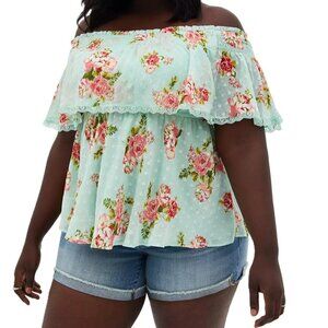 Torrid Swiss Dot Off-Shoulder Top Floral Green Lace 18/20 Boho Cottagecore